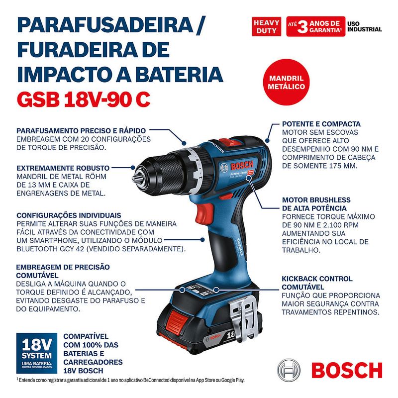 たぁぼ Furadeira e parafusadeira Bosch GSB 18V-90C 18V + 2B e